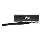 A black flashlight with the white Asics logo printed on it. The flashlight has a textured grip and a black wrist strap attached.