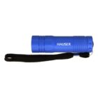 Blue, cylindrical flashlight with HAUSER printed on the side. It features a textured grip and a black wrist strap attached to the end.