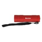 Red flashlight with a black wrist strap, featuring the brand name RECOTON in white lettering on the side. The flashlight has a textured grip and a sleek, compact design.