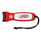 A red and white flashlight featuring the Iowa Speedway logo. It has a black wrist strap attached to the end and a button labeled PRESS near the head.