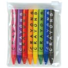 A clear plastic pouch containing eight crayons in various colors: pink, red, orange, yellow, green, blue, purple, and black. The word CRAYONS is printed vertically on each crayon wrapper.