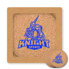 Square cork coasters featuring a blue medieval knight holding a sword, with the text KNIGHT SPORTS below the image, are displayed. One coaster is partially out of the square packaging to the right.