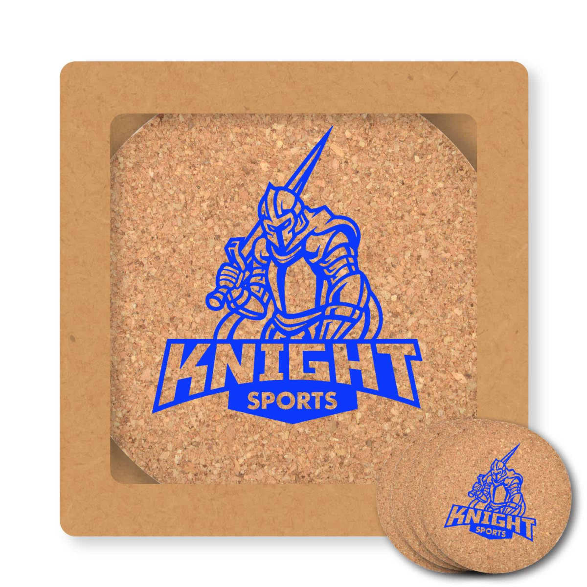 Square cork coasters featuring a blue medieval knight holding a sword, with the text KNIGHT SPORTS below the image, are displayed. One coaster is partially out of the square packaging to the right.