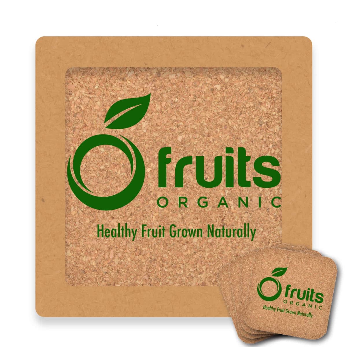 A cork square coaster features a green logo with a stylized leaf above a circle, accompanied by the text fruits ORGANIC and Healthy Fruit Grown Naturally. A similar smaller coaster is stacked slightly in the bottom right corner.