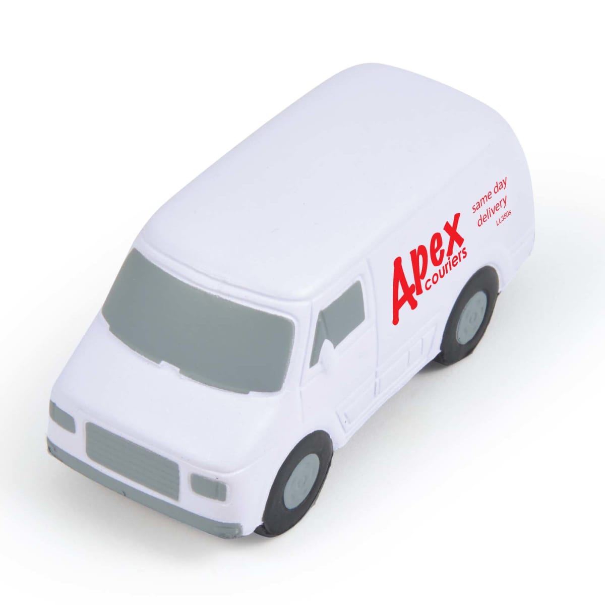 A small white toy delivery van with Apex Couriers and same day delivery written in red on the side. The van has black wheels and a simple design.