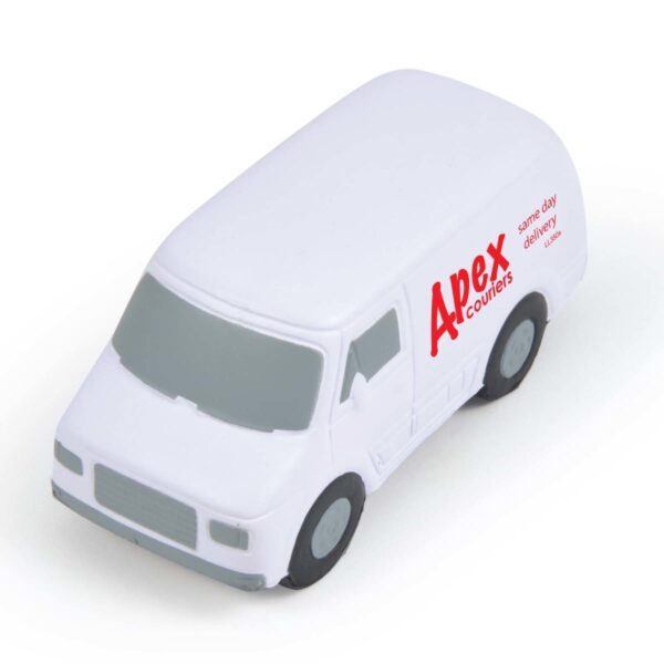 A small, white toy delivery van with Apex Couriers and same day delivery written in red on the side. The van has grey windows and black wheels, viewed from a slight angle.