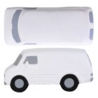 Two views of a white toy van are shown: a side view and a top view. The van has simple details with black wheels and gray windows, against a plain white background.