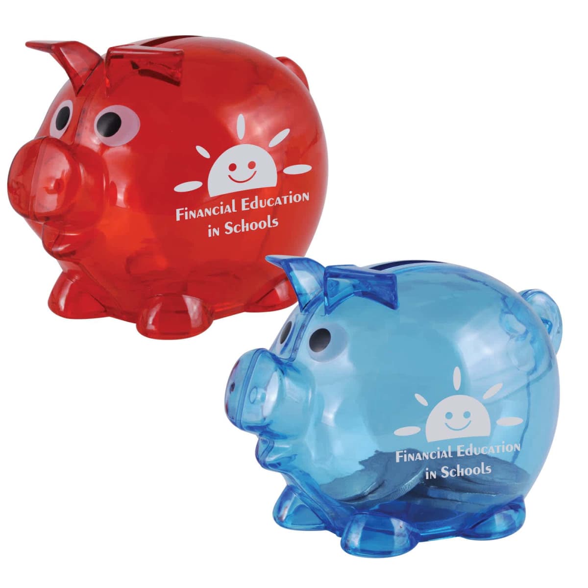 Two transparent piggy banks, one red and one blue, with smiley face logos and the text Financial Education in Schools on each. The design features sun rays around the smiley face.