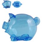 A transparent blue piggy bank is shown in three views: a large side view and two smaller top and front views. The piggy bank has a slot for coins on its back and cartoon-like eyes.