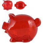 A transparent red piggy bank with a coin slot on top, shown from the side. Two smaller images of the same piggy bank are displayed above: one from the front and one from the top view.
