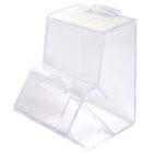 Clear acrylic scoop bin with a hinged lid and slanted front. Suitable for storing and accessing small items like candies or nuts.