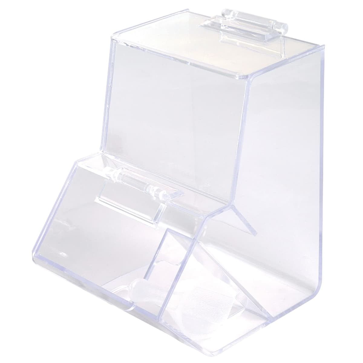 Clear acrylic scoop bin with a hinged lid and slanted front. Suitable for storing and accessing small items like candies or nuts.