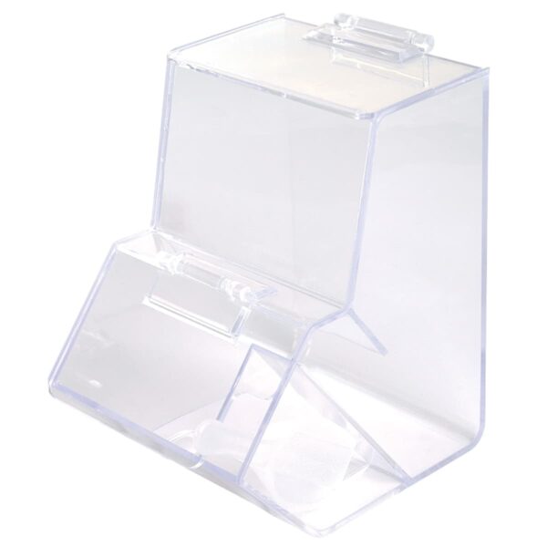 Transparent acrylic countertop bin with a hinged lid.