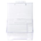 A clear, rectangular plastic organizer with a hinged lid. The front features a sloped access opening and a smaller compartment on the right side, designed for storage or dispensing purposes.