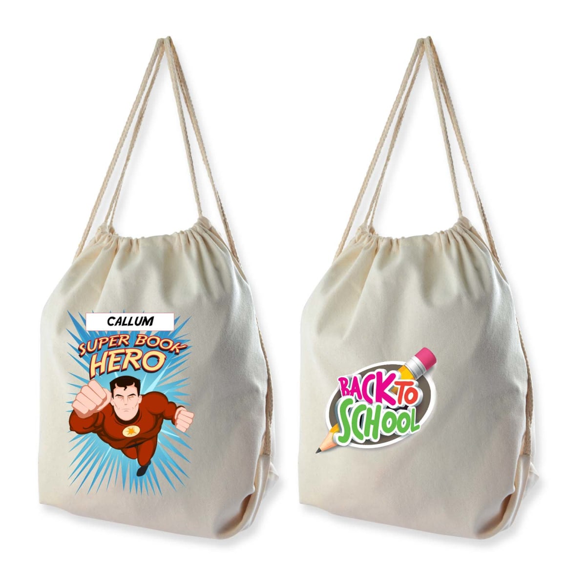 Two drawstring bags: the left bag features a superhero design with Callum Super Book Hero, showing a figure in a red suit with a blue burst. The right bag has a pencil graphic with the text Back to School.