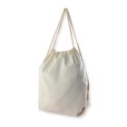 A beige drawstring backpack with thin straps displayed against a white background.