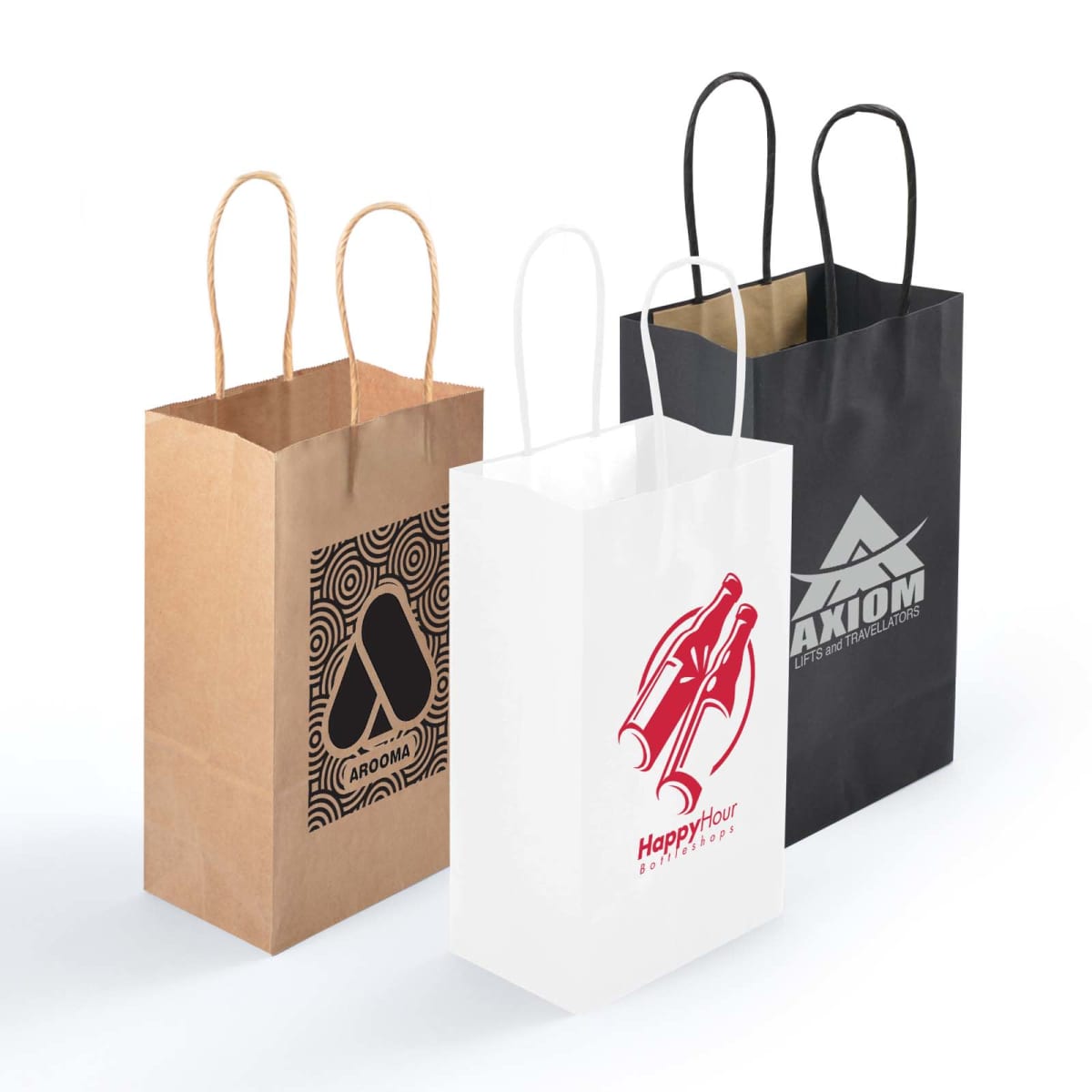 Three paper bags with handles are arranged side by side. The first is brown with a black geometric logo, the second is white with a red wine bottle logo, and the third is black with a gray mountain logo.