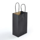A black paper shopping bag with two black handles standing upright against a plain white background. The interior of the bag is light brown, creating a contrast with the exterior.