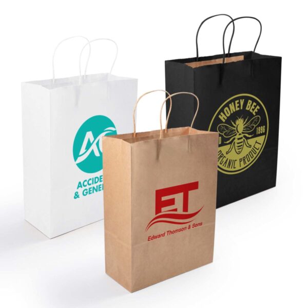 Three paper bags are displayed. The white bag features a blue logo, the black bag has a yellow bee design with Honey Bee Organic Product, and the brown bag shows a red ET logo with Edward Thomson & Sons. Each has matching handles.