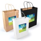 Three eco-friendly shopping bags are displayed: one brown, one white, and one black. Each has handles and a label with the text Earthly Evergreen alongside a green landscape image.