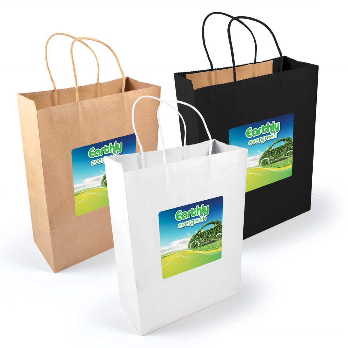 Three eco-friendly shopping bags are displayed: one brown, one white, and one black. Each has handles and a label with the text Earthly Evergreen alongside a green landscape image.