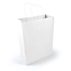 A plain white paper shopping bag stands upright against a white background. The bag has two white twisted paper handles. Shadows on the surface suggest depth and dimension.