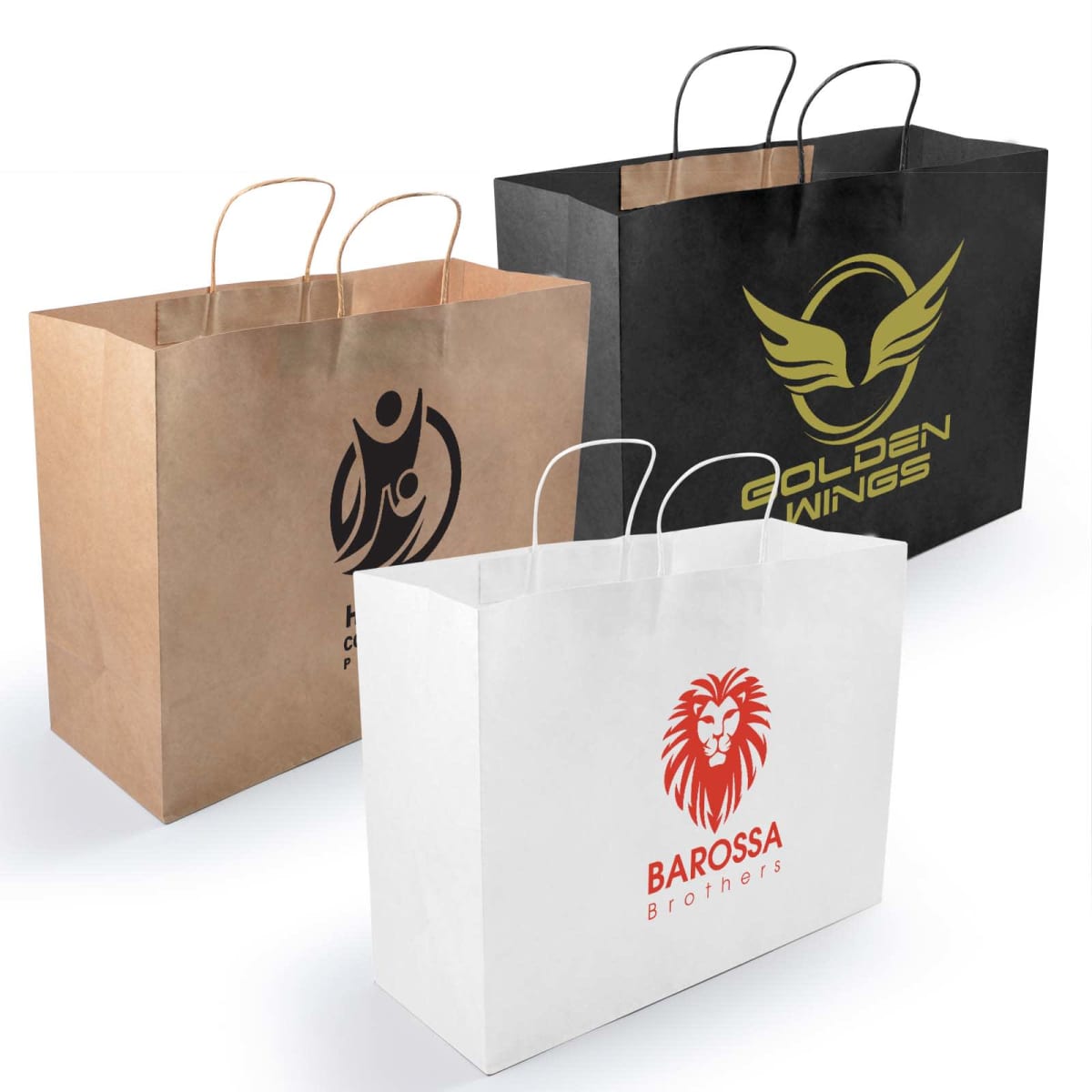 Three paper shopping bags with handles. The brown bag features a stylized figure logo, the black bag has a Golden Wings logo with wings, and the white bag displays a red lion logo with Barossa Brothers text.
