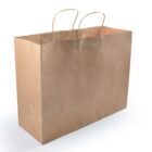 A large brown paper shopping bag with two twisted paper handles is shown against a plain white background.