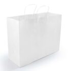 A plain white paper shopping bag with two thin handles is pictured against a white background. The bag is upright, showcasing its simple and minimalist design.
