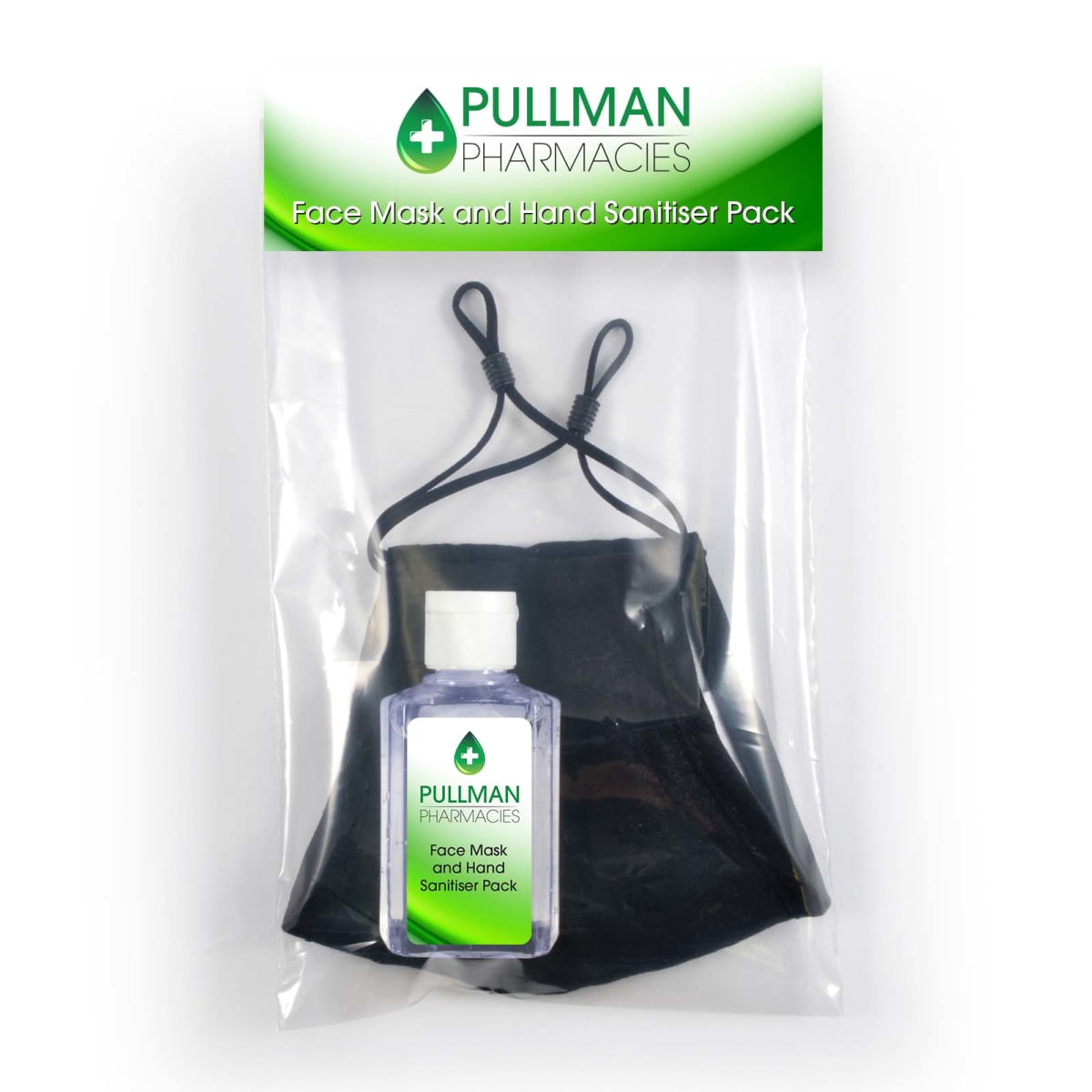 Pack labeled Pullman Pharmacies Face Mask and Hand Sanitiser Pack containing a small bottle of hand sanitizer and a black face mask, sealed in a clear plastic bag.