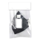 A clear plastic bag contains a small bottle of hand sanitizer and a black cloth face mask. The bag is sealed with a white label at the top.