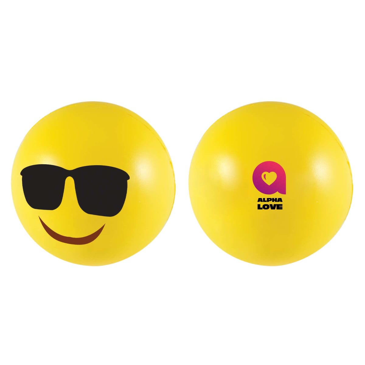 Two yellow stress balls: one with a black sunglasses emoji and a smiling face, the other with a pink heart and the words Alpha Love printed on it. Both have a smooth, round surface.