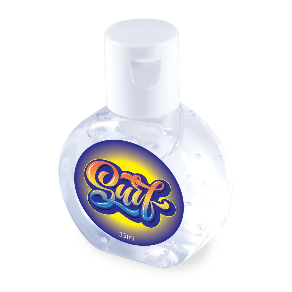 A small clear bottle of hand sanitizer with a white flip-top cap. The front label is colorful with the word Surf in a stylized font against a blue and yellow background. The bottle contains 35 ml of sanitizer.