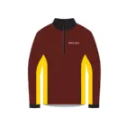 The Half Zip Track Outerwear Jacket features a dark red body, black collar, and yellow panels on the sides and inner sleeves. This stylish piece includes a front zipper and small PREM SUB text on the chest.