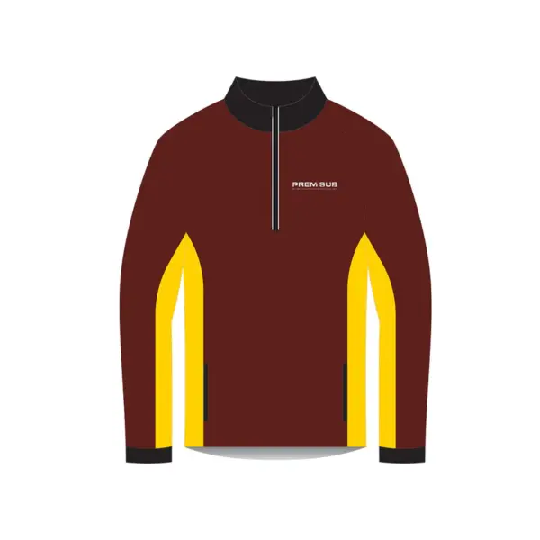 The Half Zip Track Outerwear Jacket features a dark red body, black collar, and yellow panels on the sides and inner sleeves. This stylish piece includes a front zipper and small PREM SUB text on the chest.