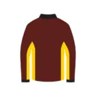 The Half Zip Track Outerwear Jacket is illustrated with long sleeves in dark brown, featuring black cuffs and collar. Yellow vertical stripes on the sides add contrast, enhancing its sporty appeal against a plain white background.