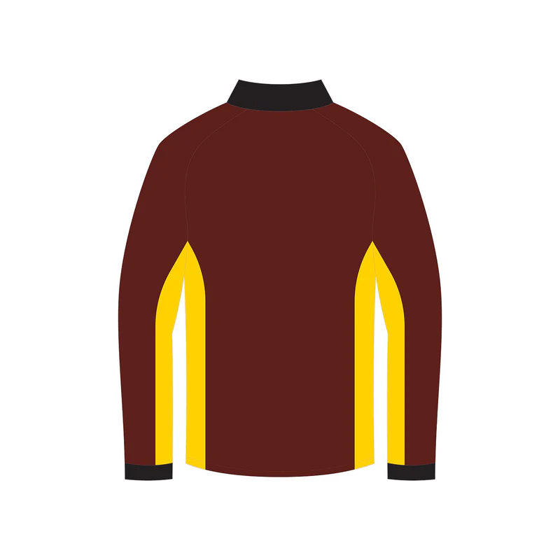 The Half Zip Track Outerwear Jacket is illustrated with long sleeves in dark brown, featuring black cuffs and collar. Yellow vertical stripes on the sides add contrast, enhancing its sporty appeal against a plain white background.