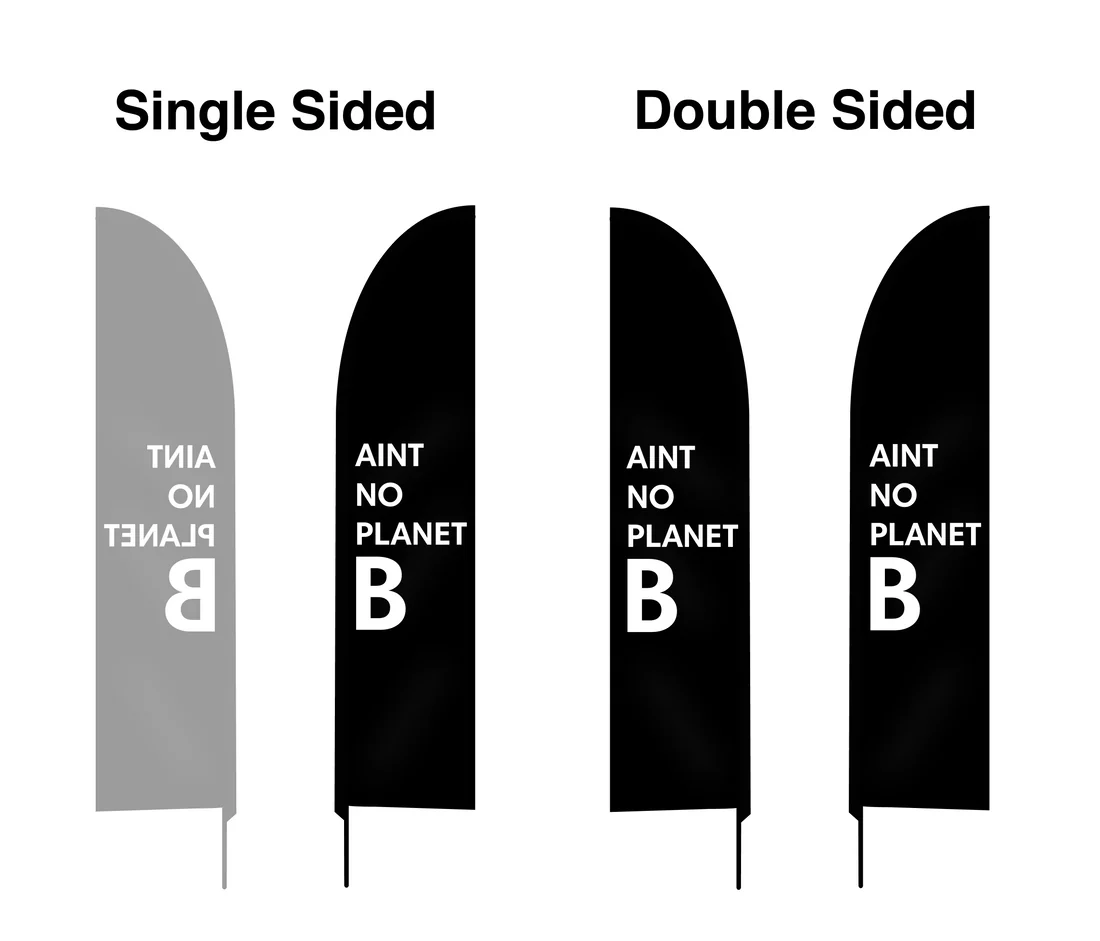 Graphic showcasing a large VibrantEco rPET Feather Banner: on the left, a single-sided flag states AINT NO PLANET B, with mirrored text on the back; on the right, two double-sided flags show the message correctly on both sides, emphasizing our eco-conscious creativity.