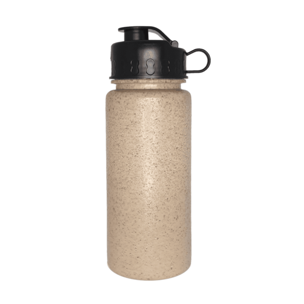 The EcoRice 600ML Bottle features a black screw-on lid, handle loop, and an eco-friendly beige speckled design.