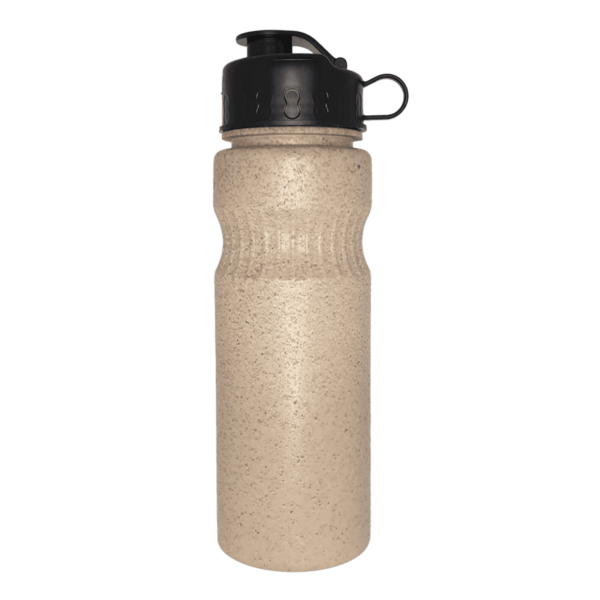 The EcoRice 750ML Drink Bottle features a textured beige surface and a black screw-on lid with a convenient carrying loop.