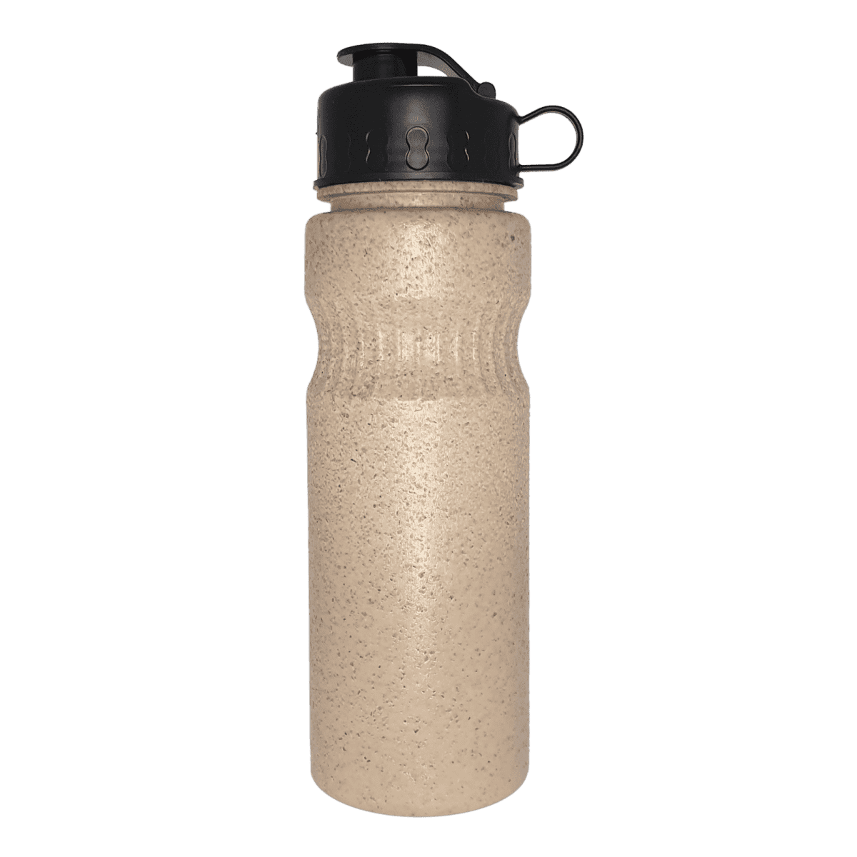 The EcoRice 750ML Drink Bottle features a textured beige surface and a black screw-on lid with a convenient carrying loop.