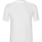 A plain white short-sleeve Fusion Rashie featuring a high round neckline is showcased on a white background. Its simple, sleek design is ideal for versatile surfwear, with no visible patterns or logos.