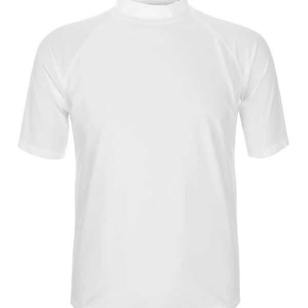A plain white short-sleeve Fusion Rashie featuring a high round neckline is showcased on a white background. Its simple, sleek design is ideal for versatile surfwear, with no visible patterns or logos.
