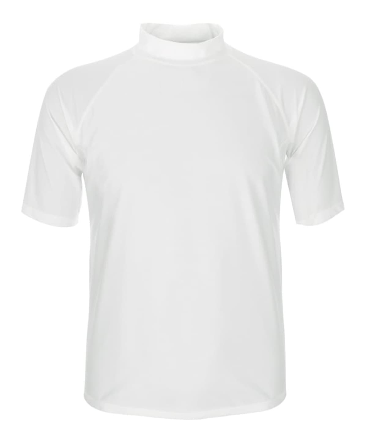 A plain white short-sleeve Fusion Rashie featuring a high round neckline is showcased on a white background. Its simple, sleek design is ideal for versatile surfwear, with no visible patterns or logos.