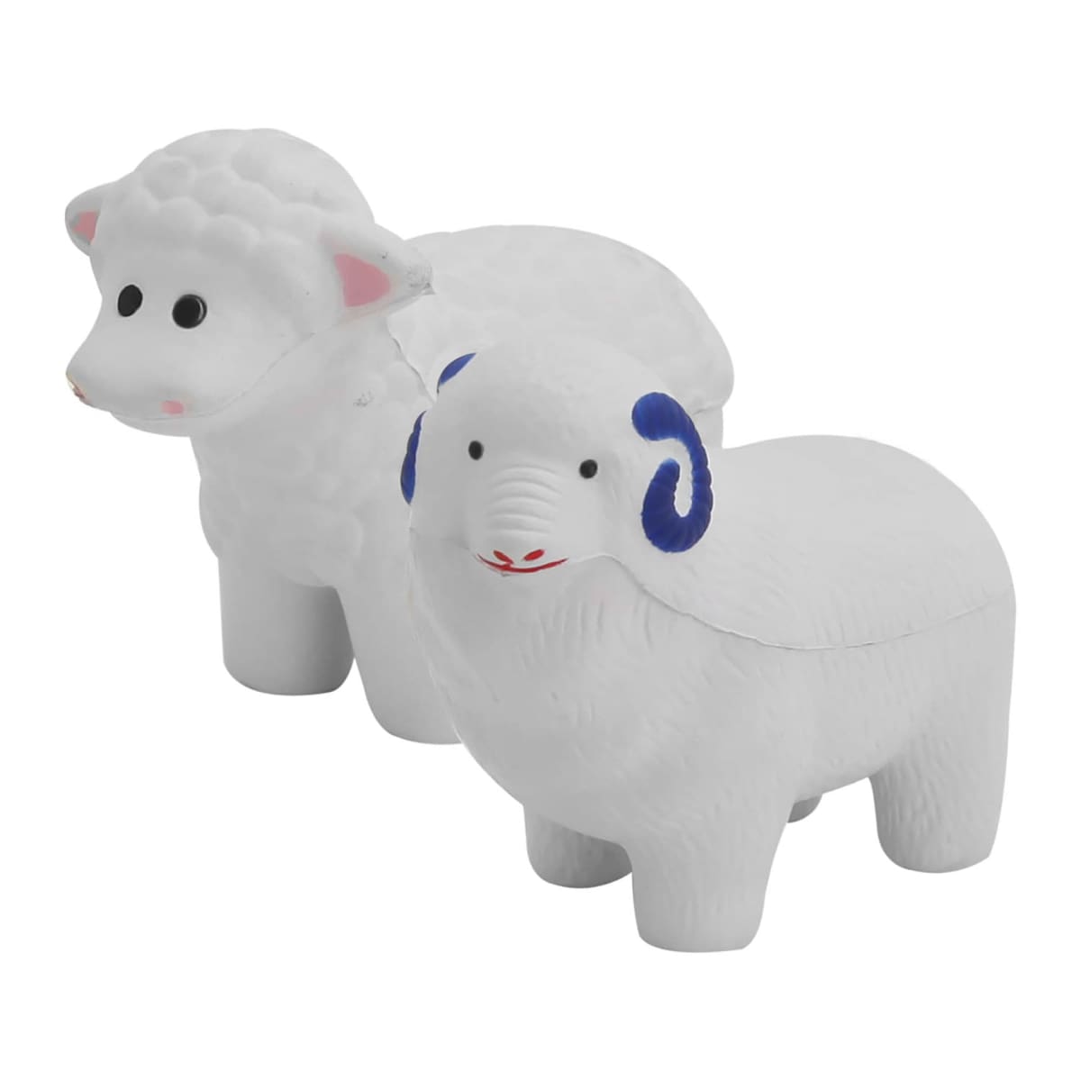 Two white, cartoonish sheep figures on a plain background. One has blue curved horns, while the other has a fluffy texture. Both have simple black eyes and small red mouths.