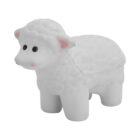 A small, white, ceramic sheep figurine with round black eyes and a textured wool pattern stands on four legs against a plain background.