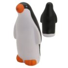 A small rubber toy penguin with a black back and head, white belly, and orange feet and beak. The toy is shown from the front and back.