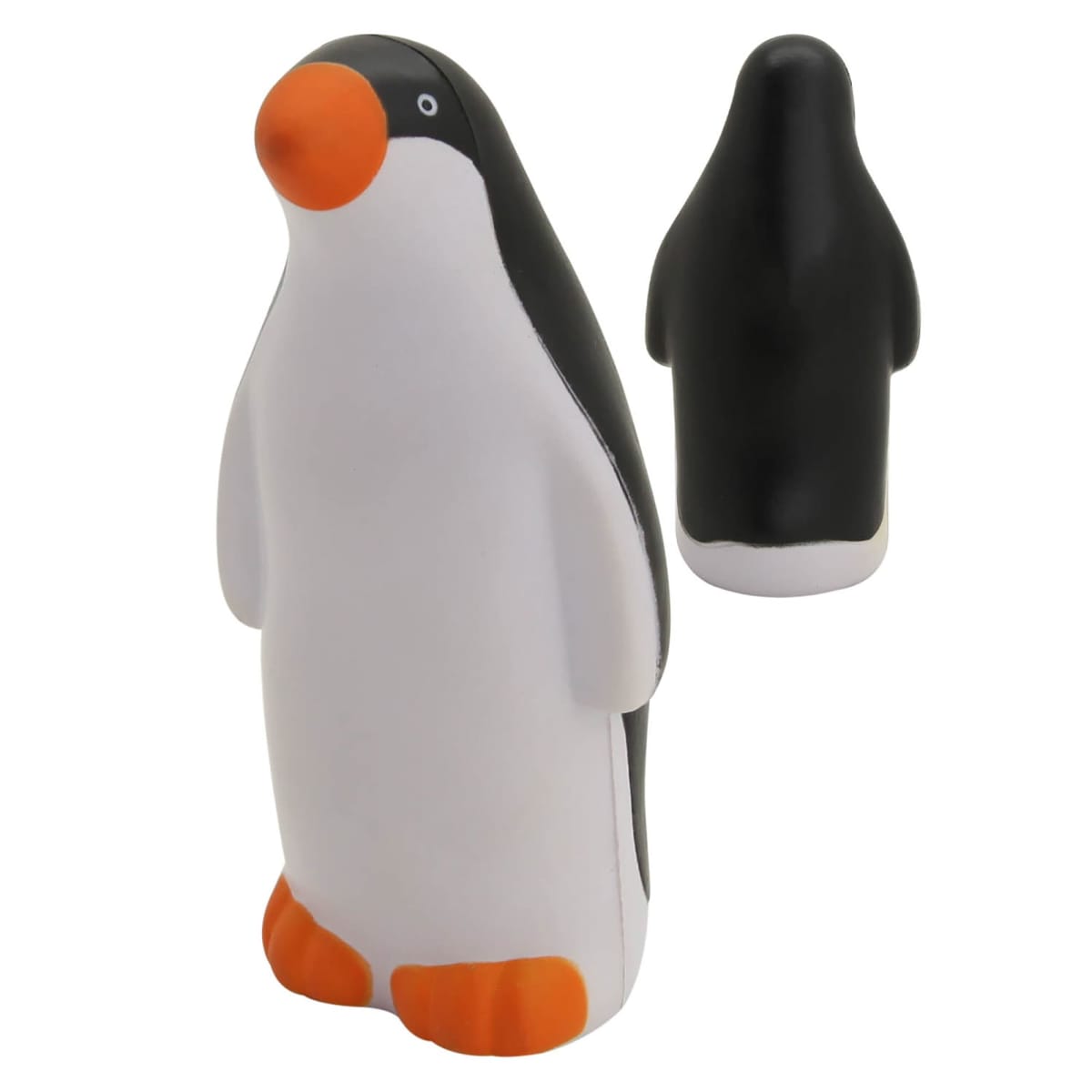 A small rubber toy penguin with a black back and head, white belly, and orange feet and beak. The toy is shown from the front and back.