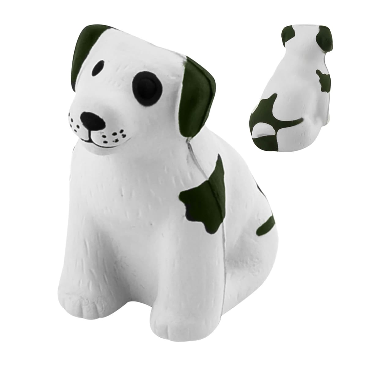 A small, figurine-like white dog with green patches sits upright. It has a playful expression with black eyes and nose. Another view of the figurine is visible, showing more green patches on its back.