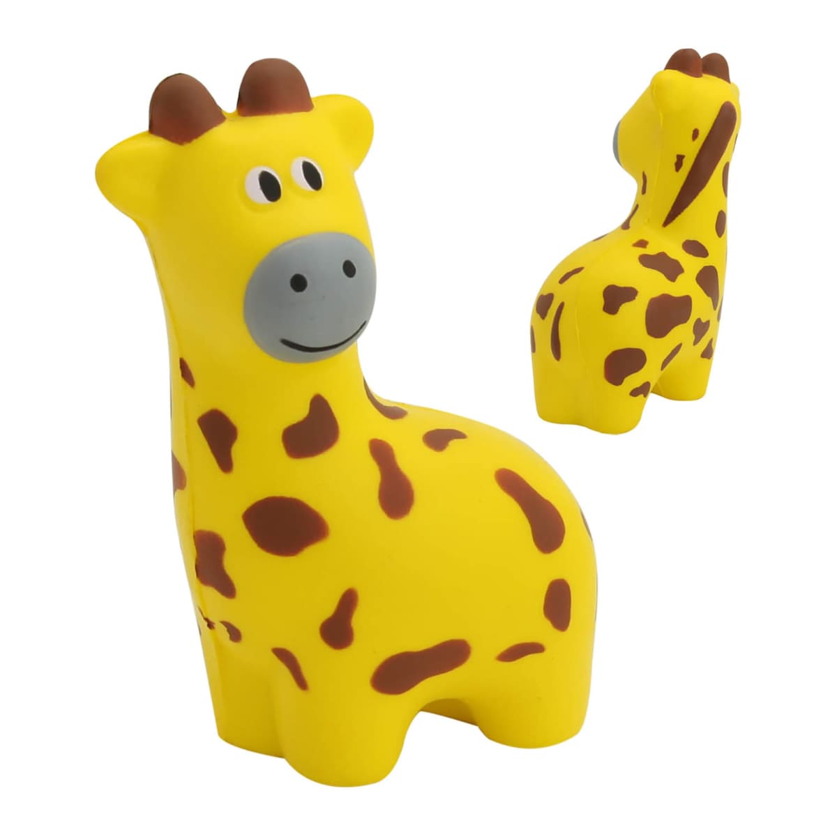 A pair of yellow giraffe toys with brown spots and smiling faces. One is facing forward and the other is turned to the side. Both have small horns and round noses. The background is plain white.